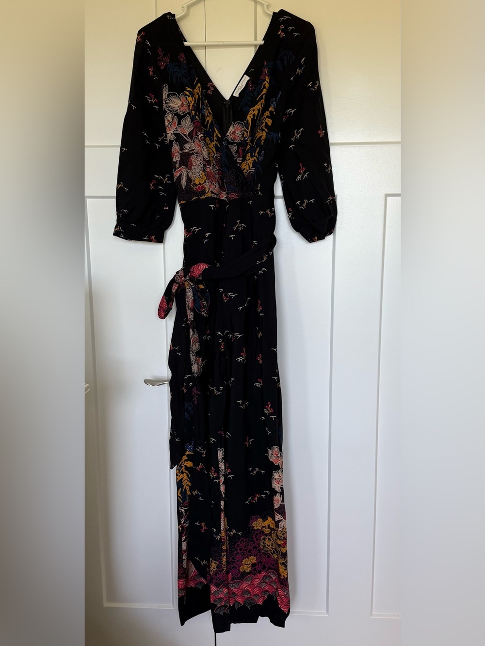 Anthropologie Black Floral Wrap  Jumpsuit with Japanese inspired floral print.